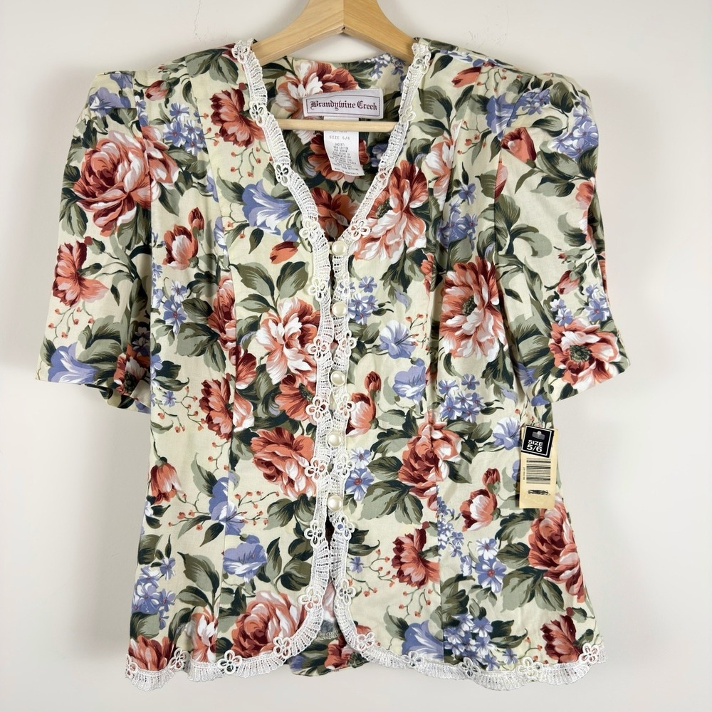 Vintage Brandywine Creek Floral Cottagecore Blouse Women's 5/6 NWT Lace Trim